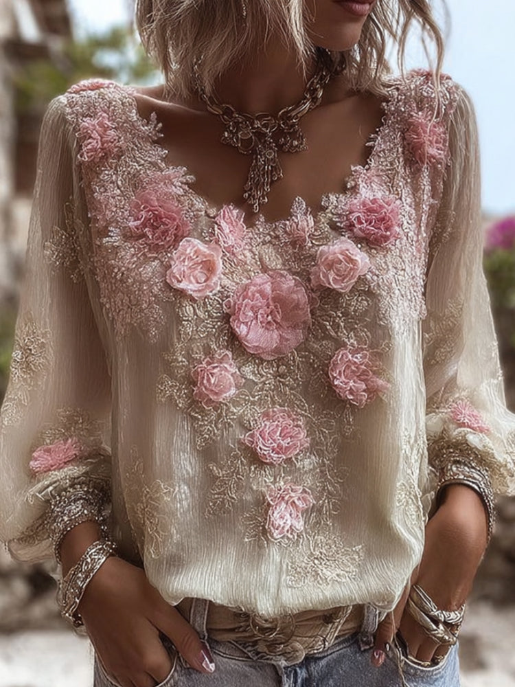 Bohemian Heavy-duty Embroidery Vintage Casual Round-neck Top artswardrobe