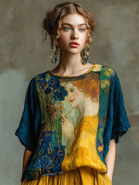 Klimt Painting Inspired Floral Embroidered Patchwork Linen Tunic