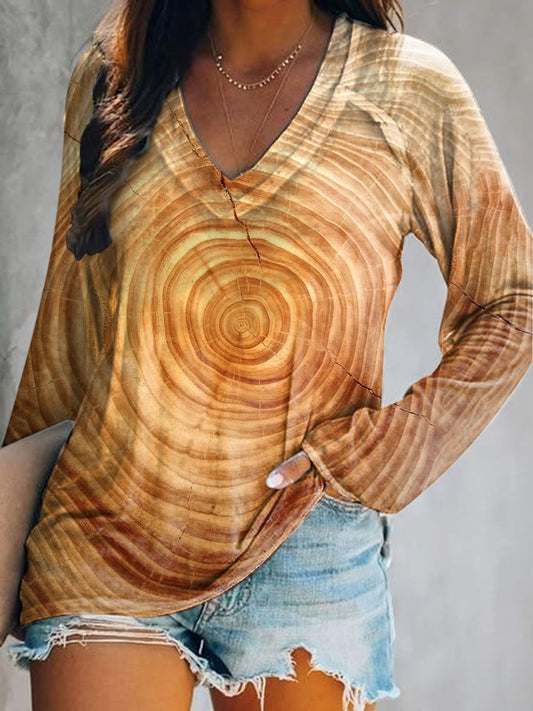 Women's Tree Wheel Art Print V-Neck Long Sleeve Top