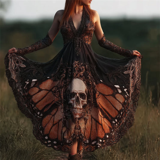 Comstylish Vintage Mystical Skull Butterfly Flowy Wide Skirted Dress