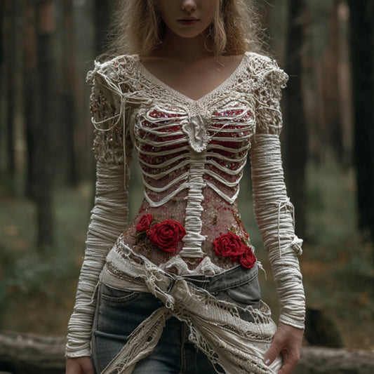 Women's Halloween Skeleton Rose Bandage V-neck Sweater artswardrobe