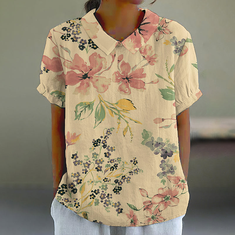 Comstylish Elegant Floral Art Print Casual Cotton Linen Shirt