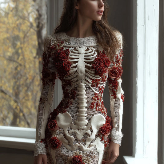 Comstylish Women's Halloween Skeleton Flower Embroidered Lace Long Sleeve Dress