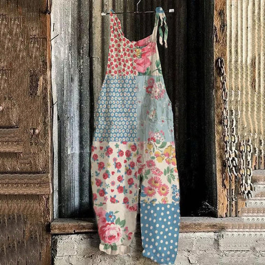 Comstylish Retro Contrast Floral Bohemian Loose Casual Jumpsuit