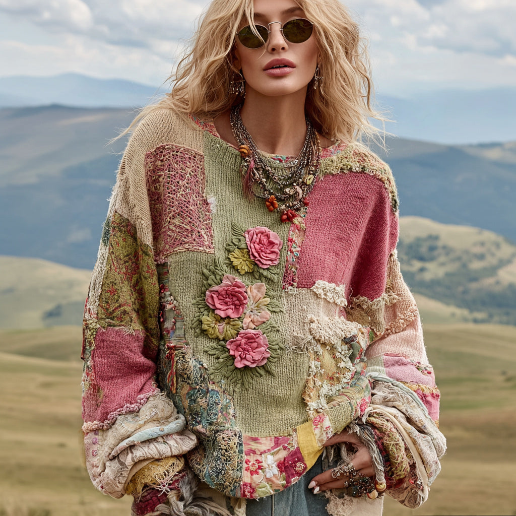 Women's Vintage Floral Embroidery Patchwork Art Print Cozy Knit Sweater elevenforest