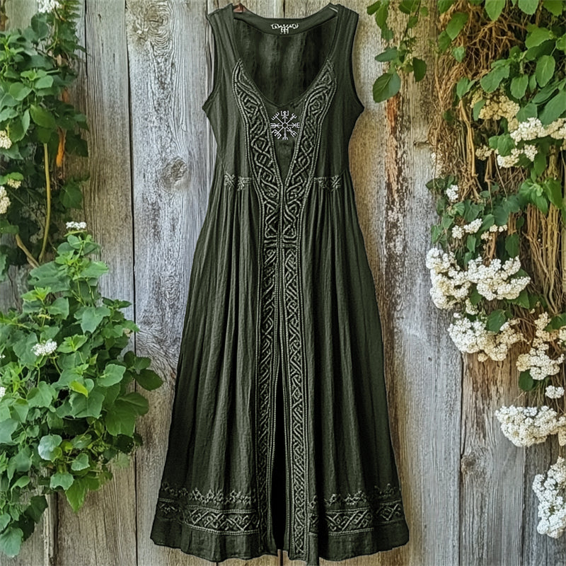 Viking Vegvisir Embroidered Celtic Knot Linen Tank Dress artswardrobe