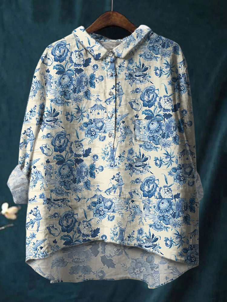Elegant Ink Painting Flower Pavilion Printed Cotton And Linen Shirt