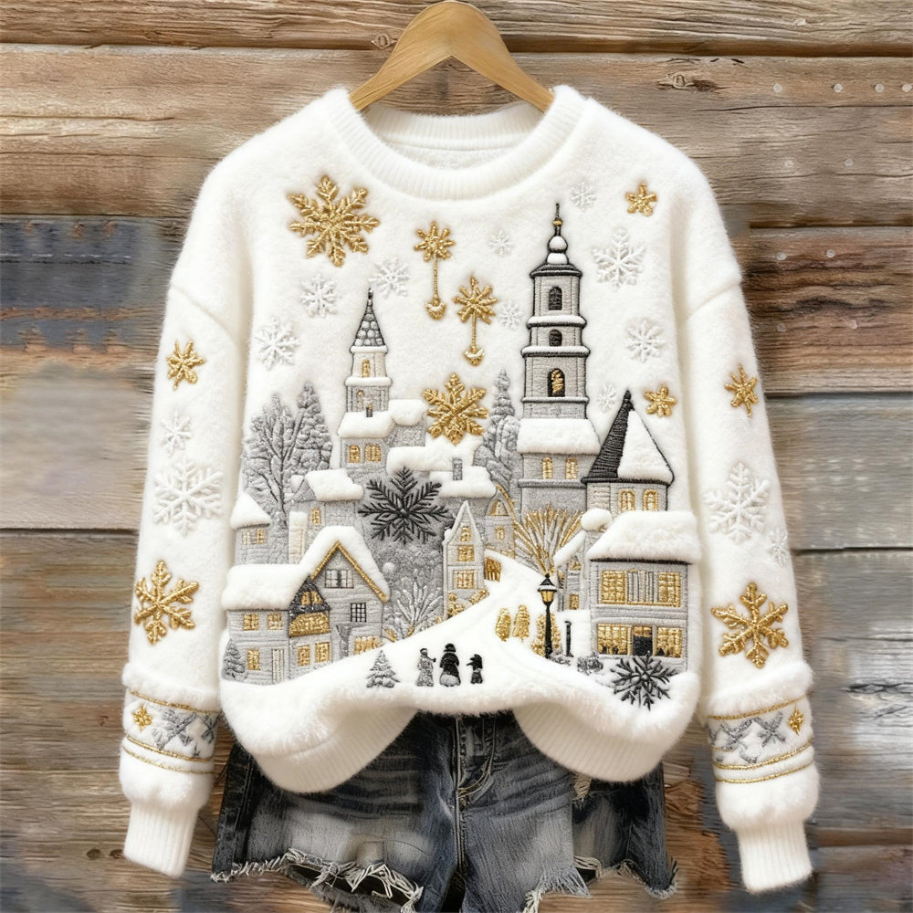 Christmas Snow Scene Embroidery Women's Cozy Plush Sweater artswardrobe