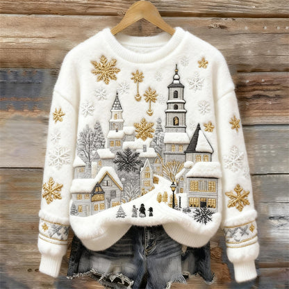 Christmas Snow Scene Embroidery Women's Cozy Plush Sweater artswardrobe