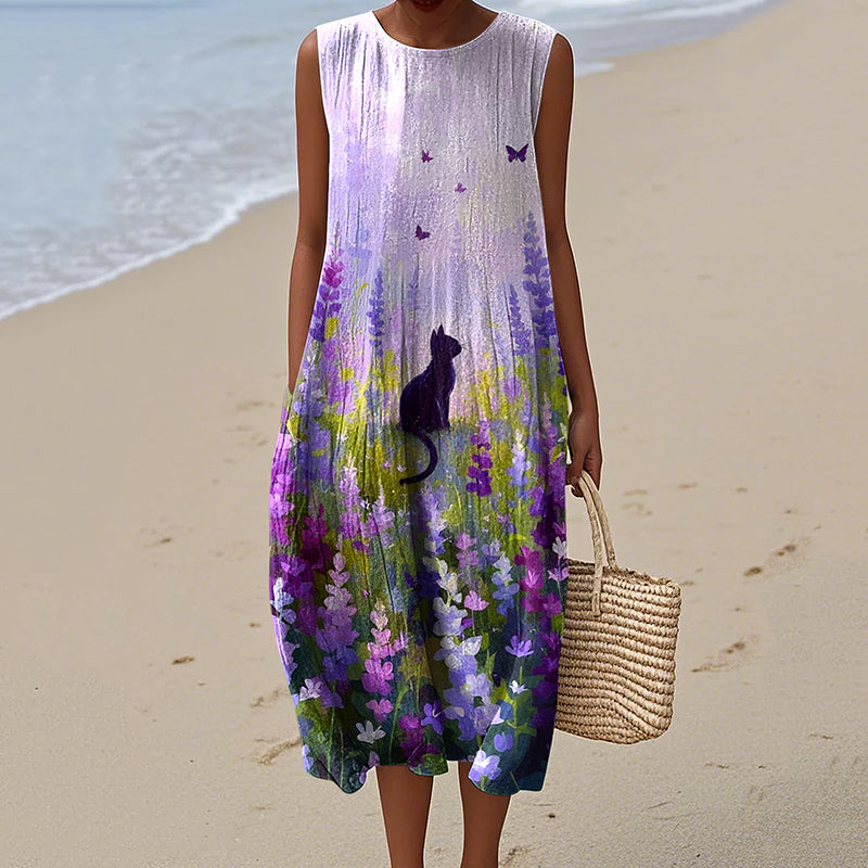 Women's Retro Purple Flowers Cat Art Linen Tank Dress artswardrobe