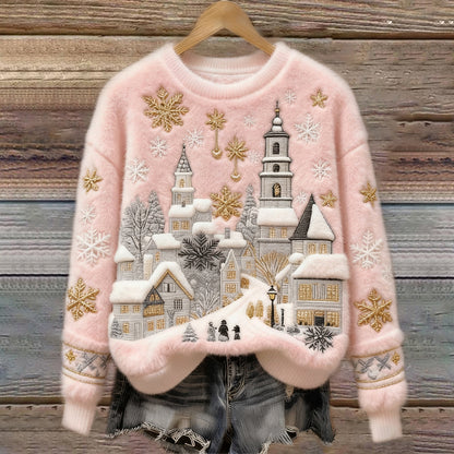 Christmas Snow Scene Embroidery Women's Cozy Plush Sweater artswardrobe
