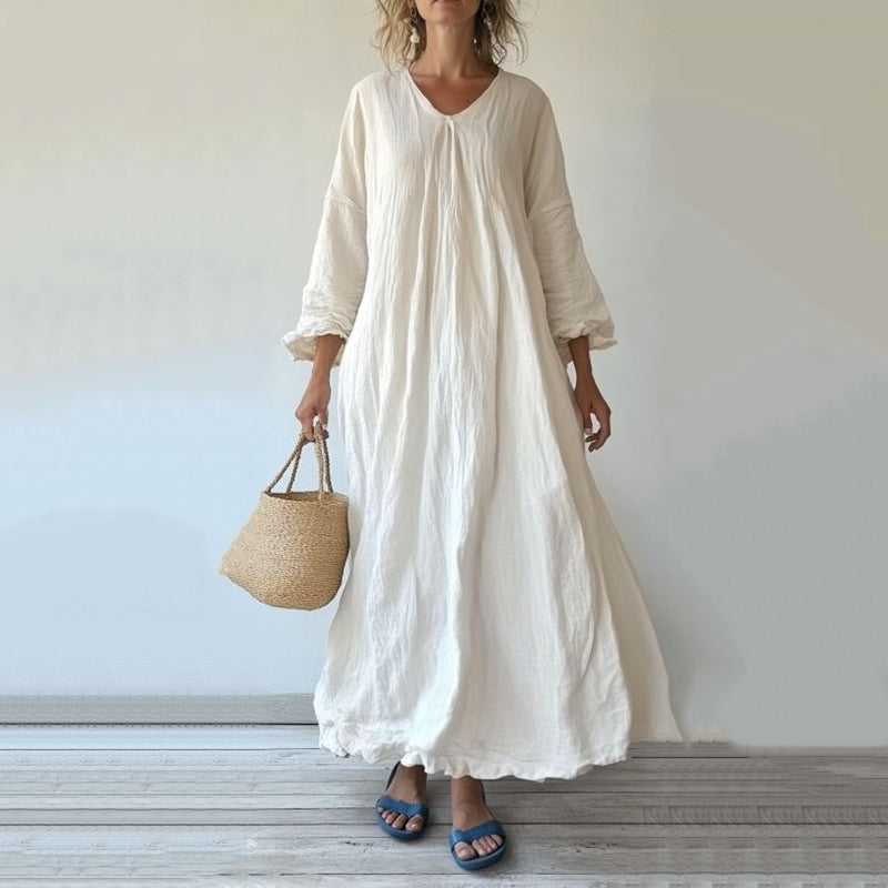 Vintage V Neck Cotton Linen Comfy Maxi Dress artswardrobe