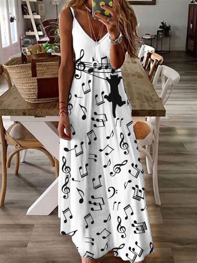 Cat Hanging Music Notes V Neck Cami Maxi Dress elevenforest