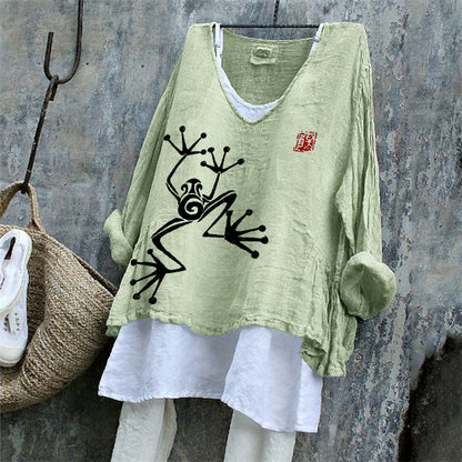 Comstylish Tree Frog Japanese Lino Art Linen Tunic