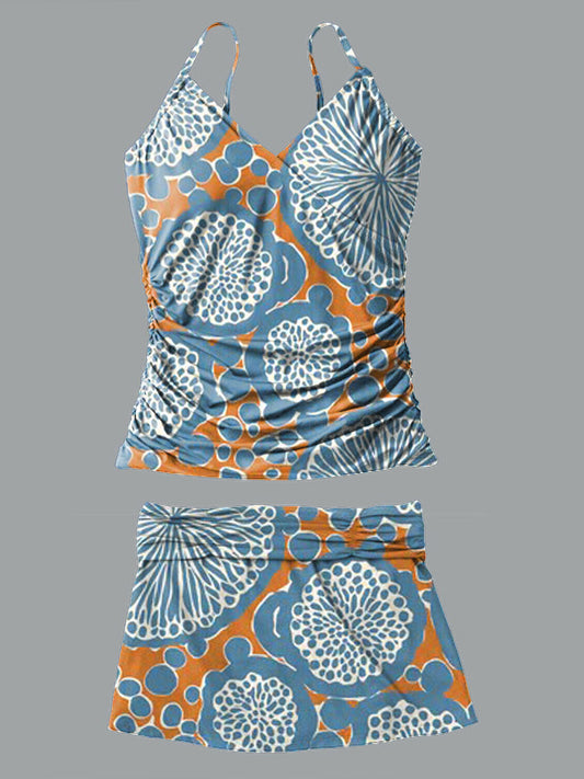 V-Neck Geometric Spots Art Print Suspender Skirt Tankini Pantskirt Set Swimsuit