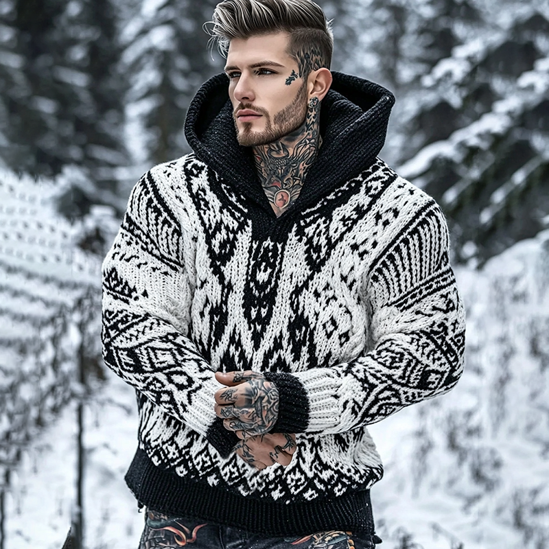 Men's Viking Pattern Jacquard Celtic Cozy Hooded Sweater artswardrobe