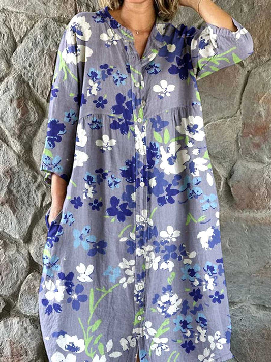 Women's Resort Art Floral Pattern Cotton Shirt Dress