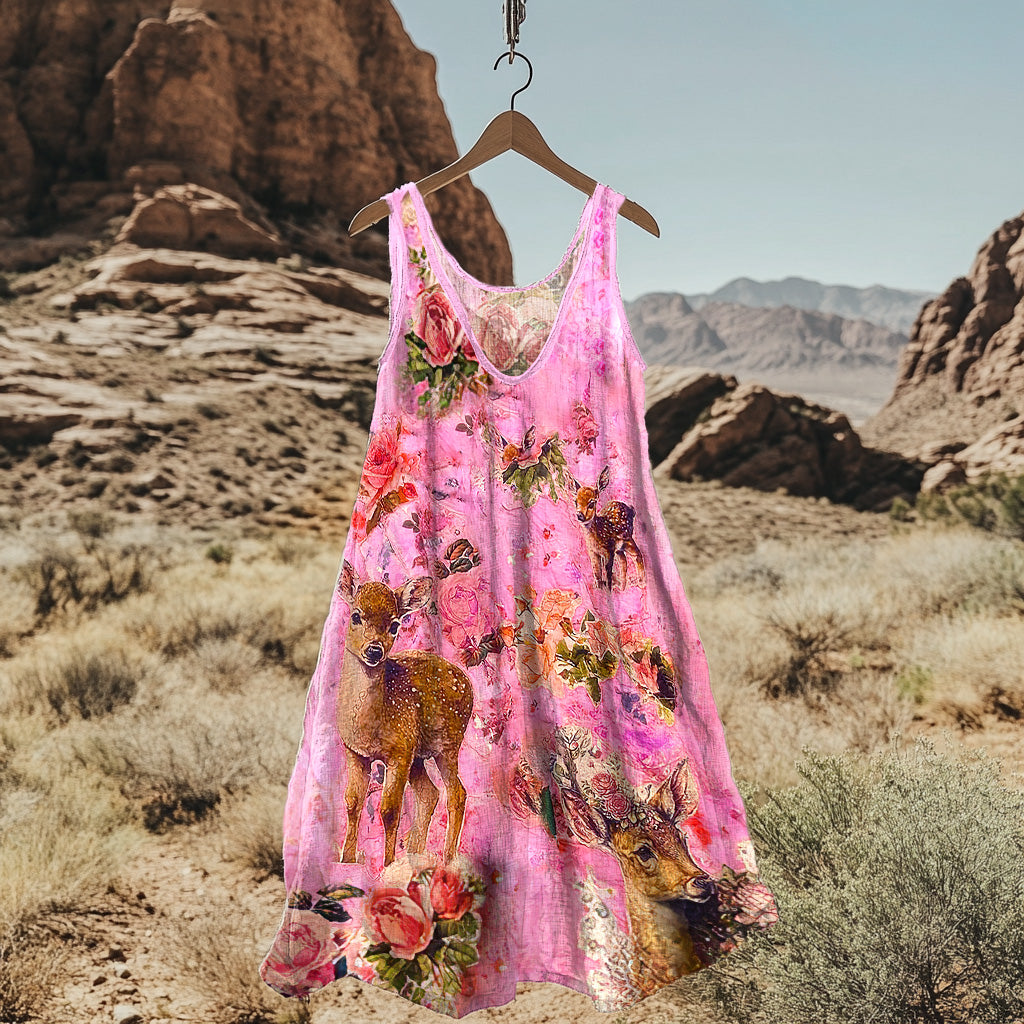 Abstract Creative Retro Chic Floral Elk Pink Art Linen Blend Tank Dress artswardrobe