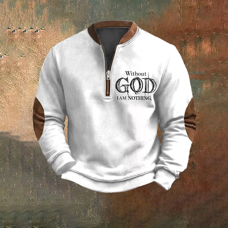 Comstylish Men's Vintage Faith Without God I Am Nothing Printed Zip Collar Sweatshirt