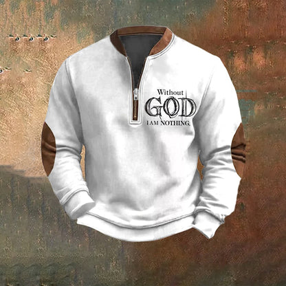 Comstylish Men's Vintage Faith Without God I Am Nothing Printed Zip Collar Sweatshirt