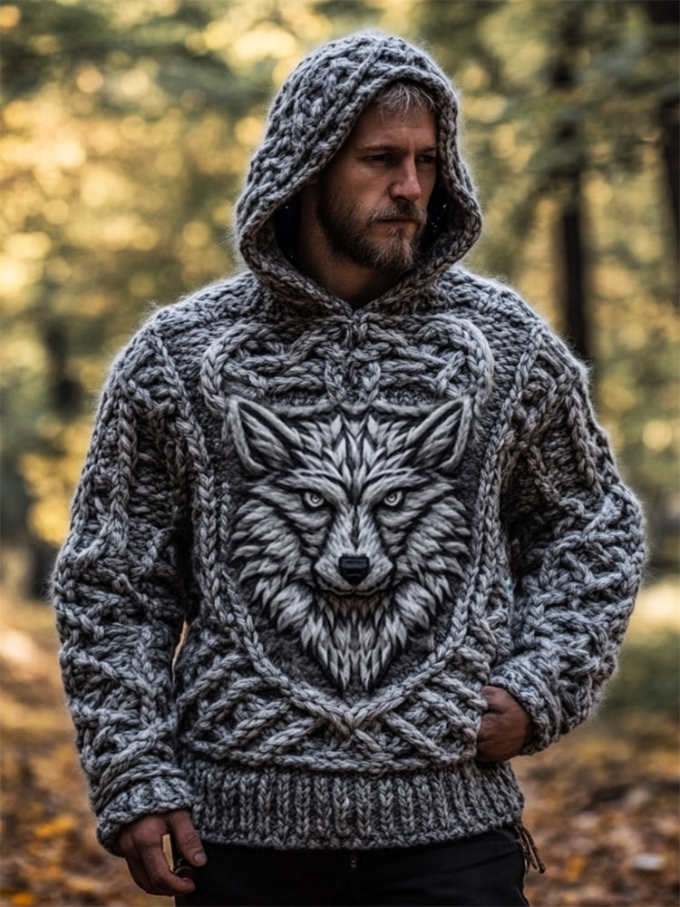 Men's Silver Wolf Viking Celtic Chunky Hooded Sweater elevenforest