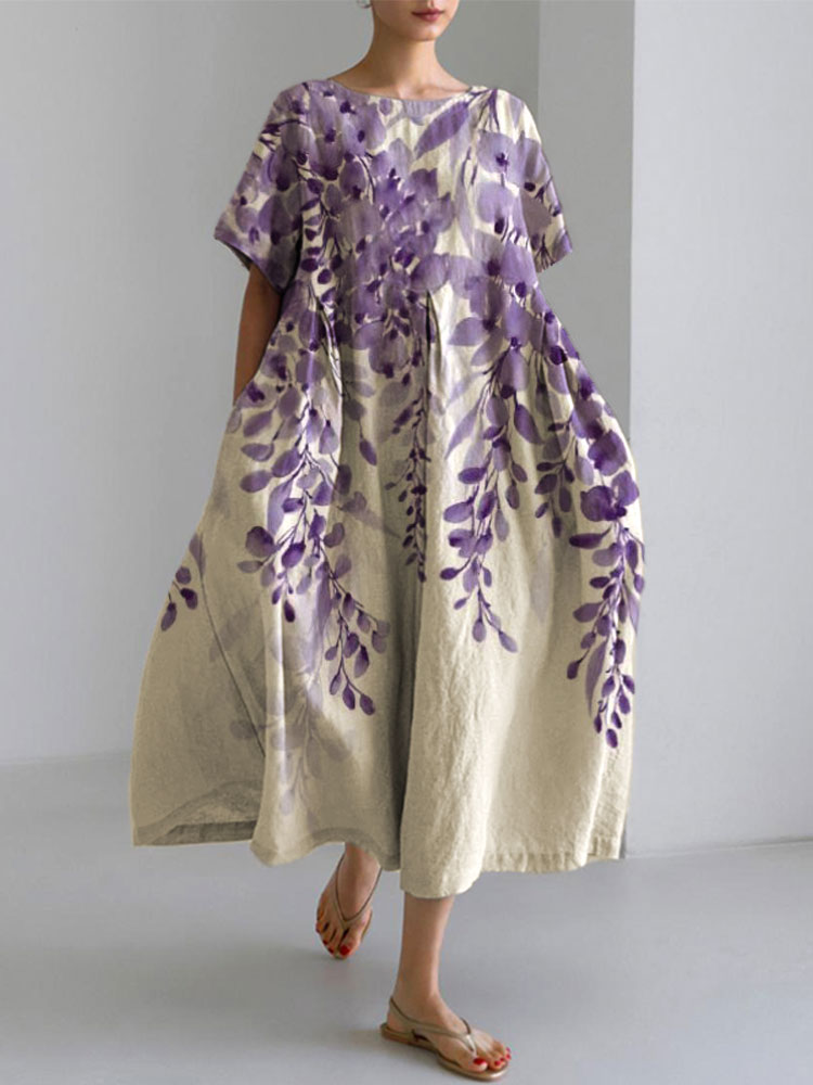 Comstylish Japanese Art Plants And Flowers Print Cotton Blend Dress