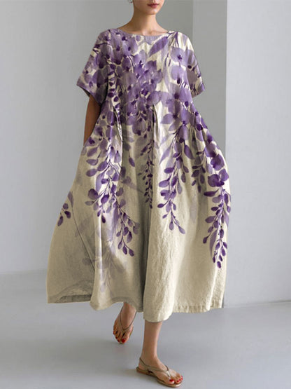 Comstylish Japanese Art Plants And Flowers Print Cotton Blend Dress