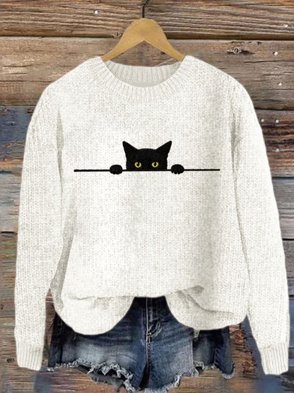 Women's Casual Funny Black Cat Print Sweater elevenforest
