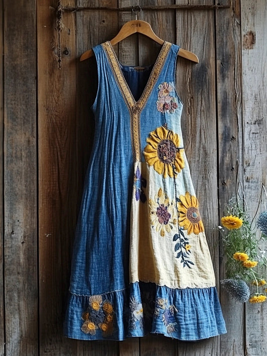 Sunflower Patchwork Embroidery Women's Linen Vest Dress artswardrobe