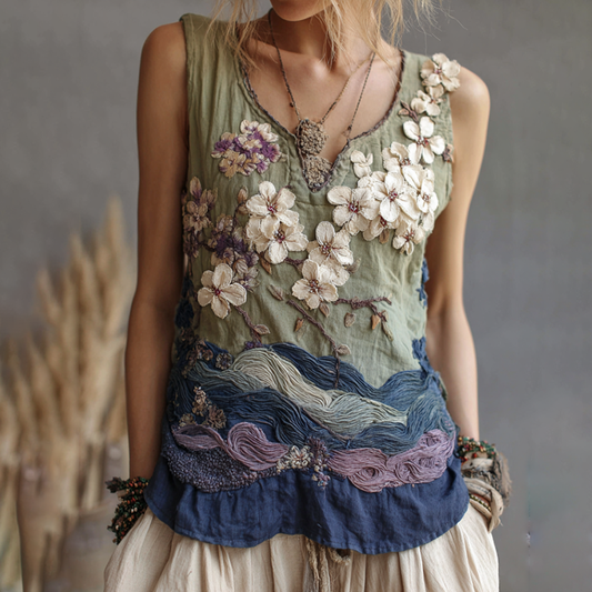 Classy Gradient Japanese Sakura Cherry Blossoms And Sea Wave Embroidered Pattern Linen Tank Top artswardrobe