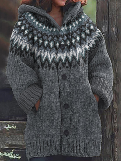 Retro Geometric Contrast Pattern Hooded Sweater Cardigan elevenforest