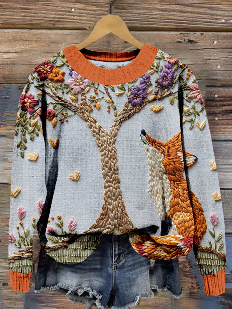 Whimsical Fox Embroidery Art Cozy Sweater artswardrobe