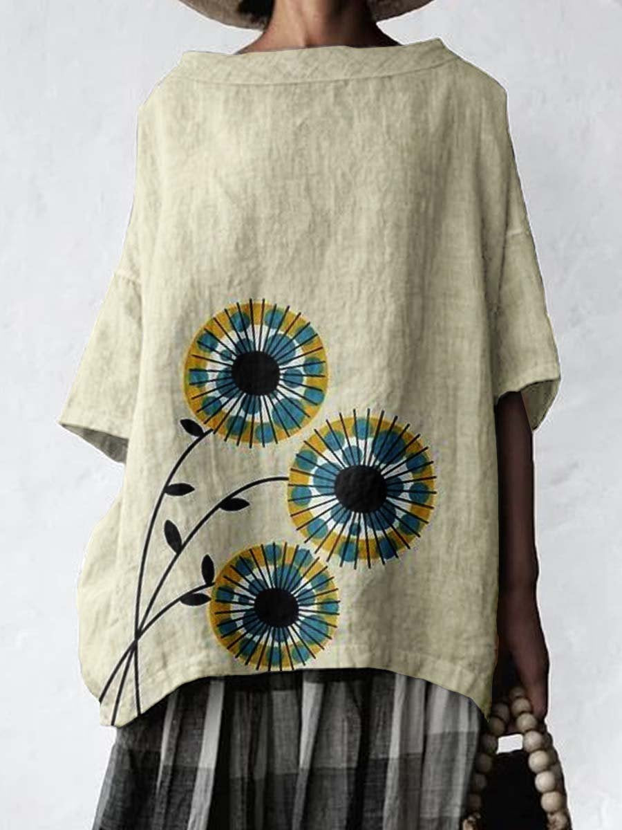Women's Classic Floral Pattern Cotton and Linen Top