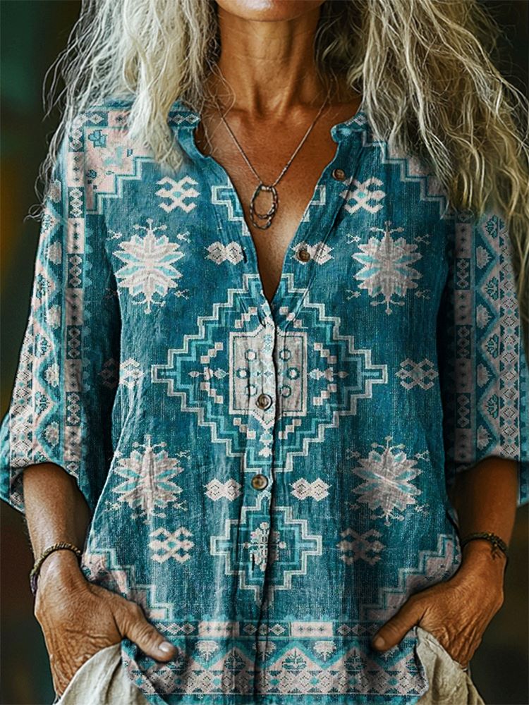 Women's Vintage Tattoo Patchwork Pattern Art Print Casual Cotton Linen