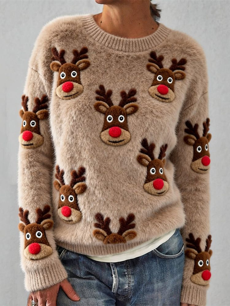 Comstylish Christmas Plush Reindeer Art Women's Knit Sweater