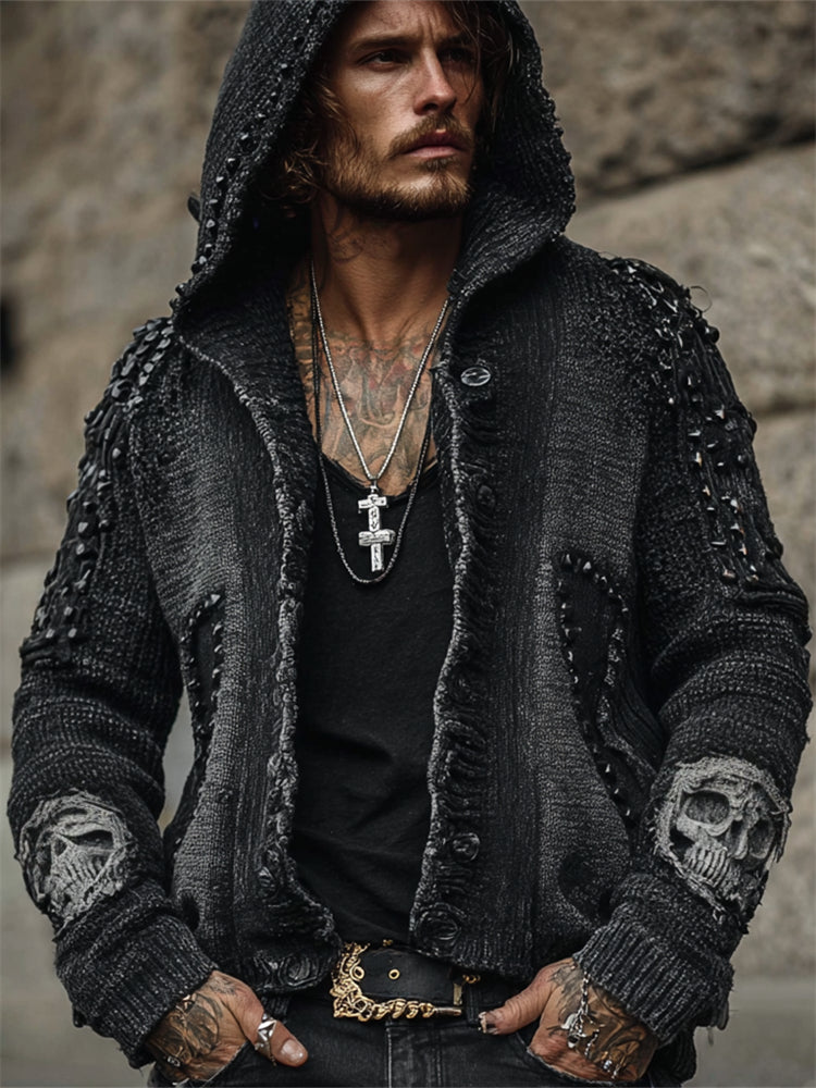 Men's Skulls Rock Style Studded Distressed Knit Hooded Cardigan elevenforest