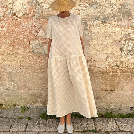 Vintage Plaid Linen Blend Vacation Dress