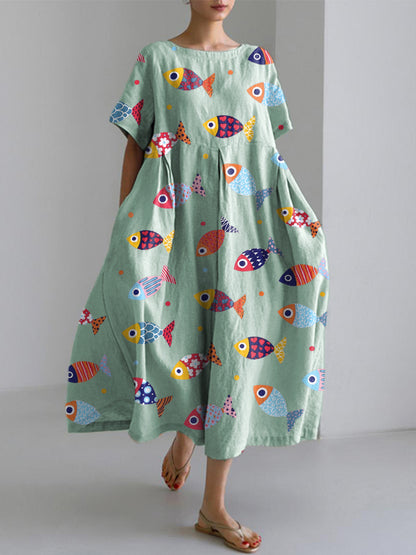 Comstylish Colorful Fish Pattern Linen Blend Dress
