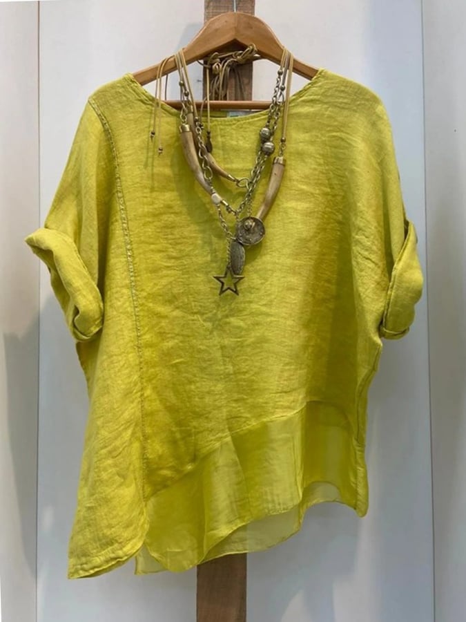 Women's Summer Cotton&Linen Irregular Round Neck T-Shirt 