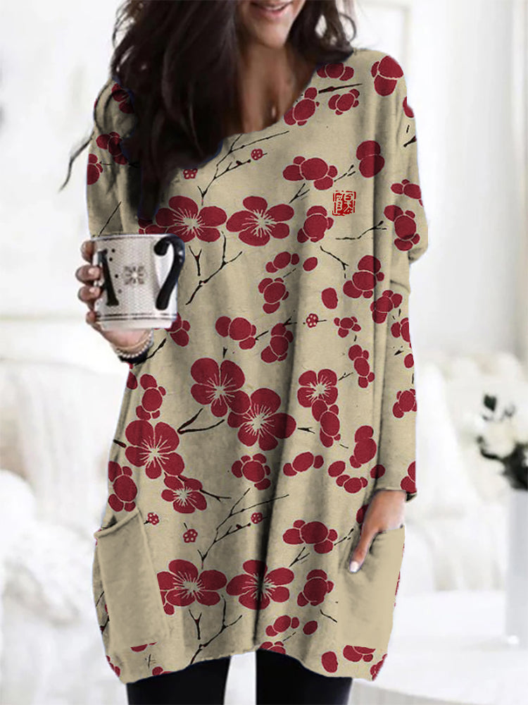 Comstylish Cherry Blossom Japanese Lino Art Cozy Tunic