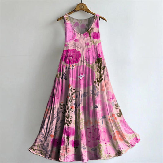 Women's Floral Art Print Sleeveless Cotton Pocket Dress