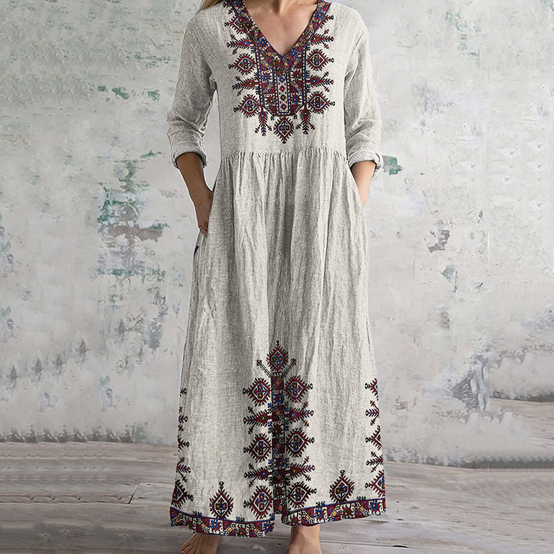 Vintage Cretan Pattern V-neck Linen Blend Midi Dress artswardrobe