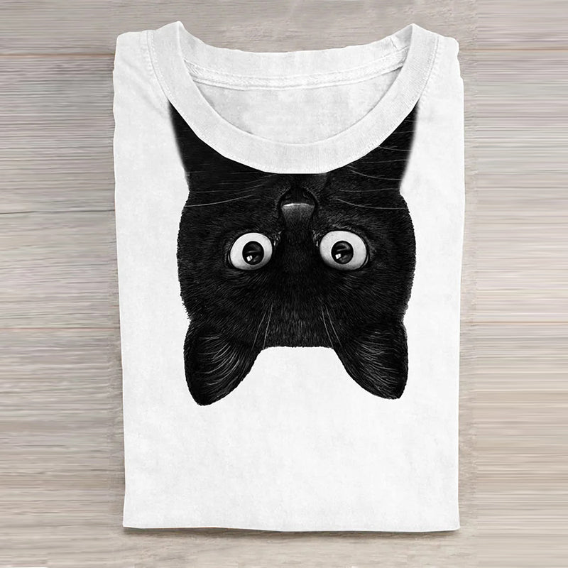 Unisex Black Cat Art Print Casual Tee elevenforest
