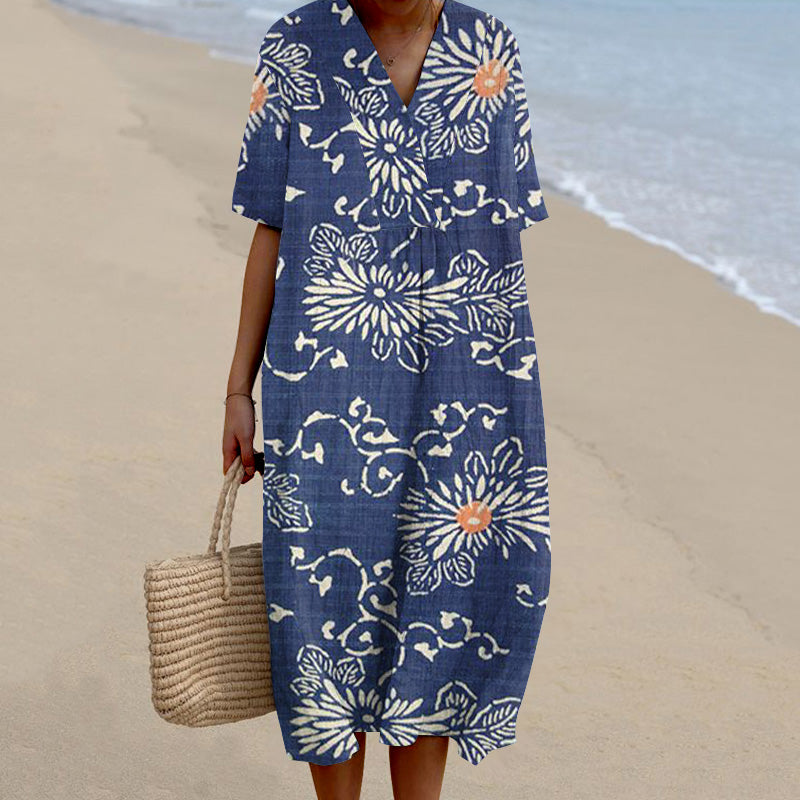 Comstylish Japanese Art Flower Print V-Neck Casual Midi Dress