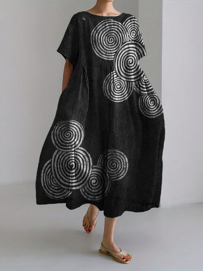 Comstylish Sea Waves Ripples Japanese Lino Art Linen Blend Maxi Dress