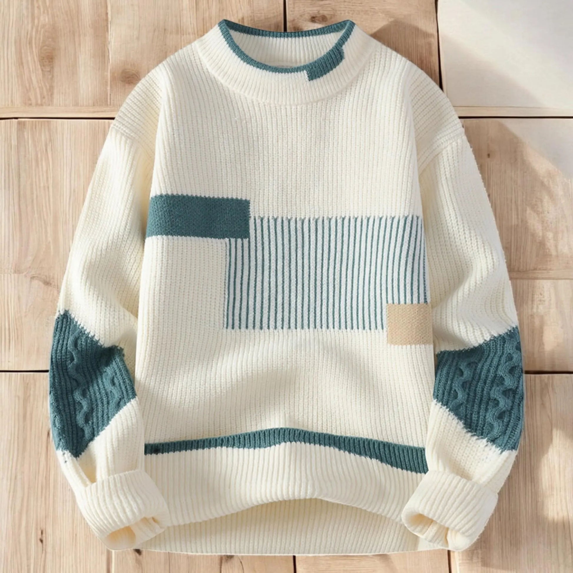 Vegan Mock Minimalist Knit Pullover Sustainable Patchwork Warmth Knitted Jacquard Unisex Sweater artswardrobe