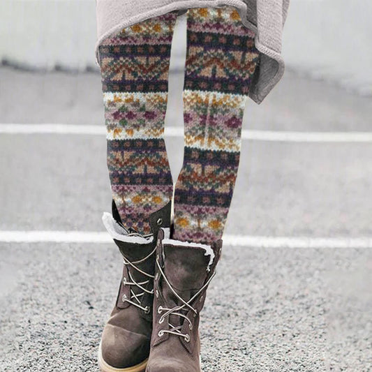 Vintage Floral Colorblock Patchwork Cozy Knit Leggings artswardrobe