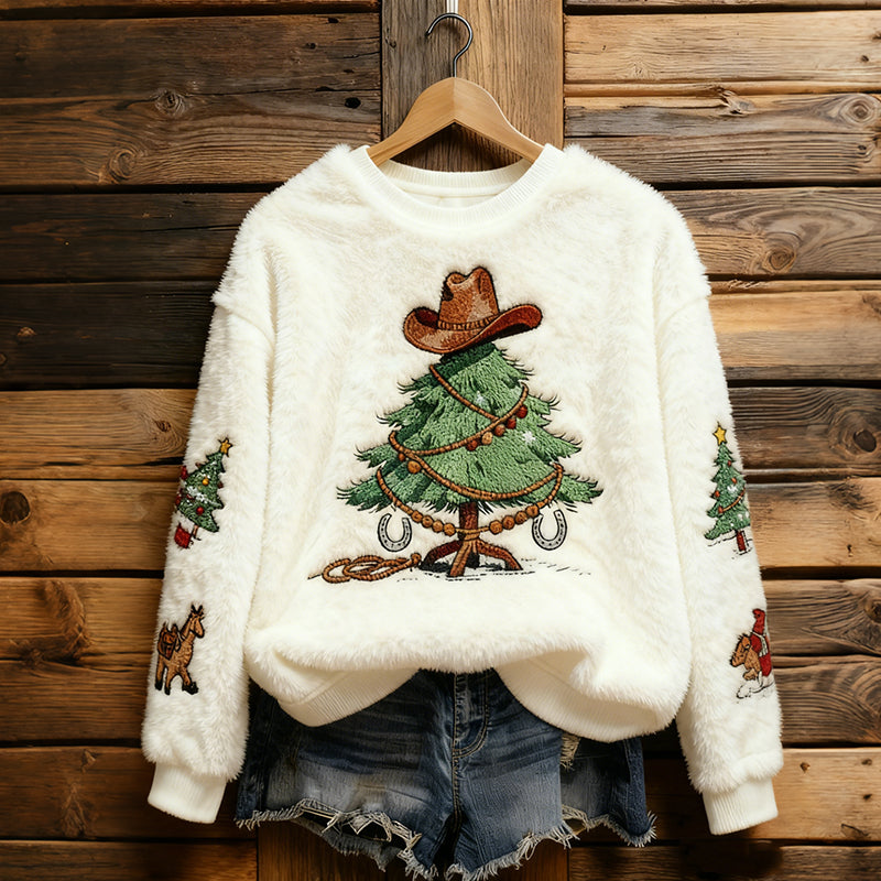 Comstylish Christmas Tree And Cowboy Hat Pattern Warm Crew Neck Sweater