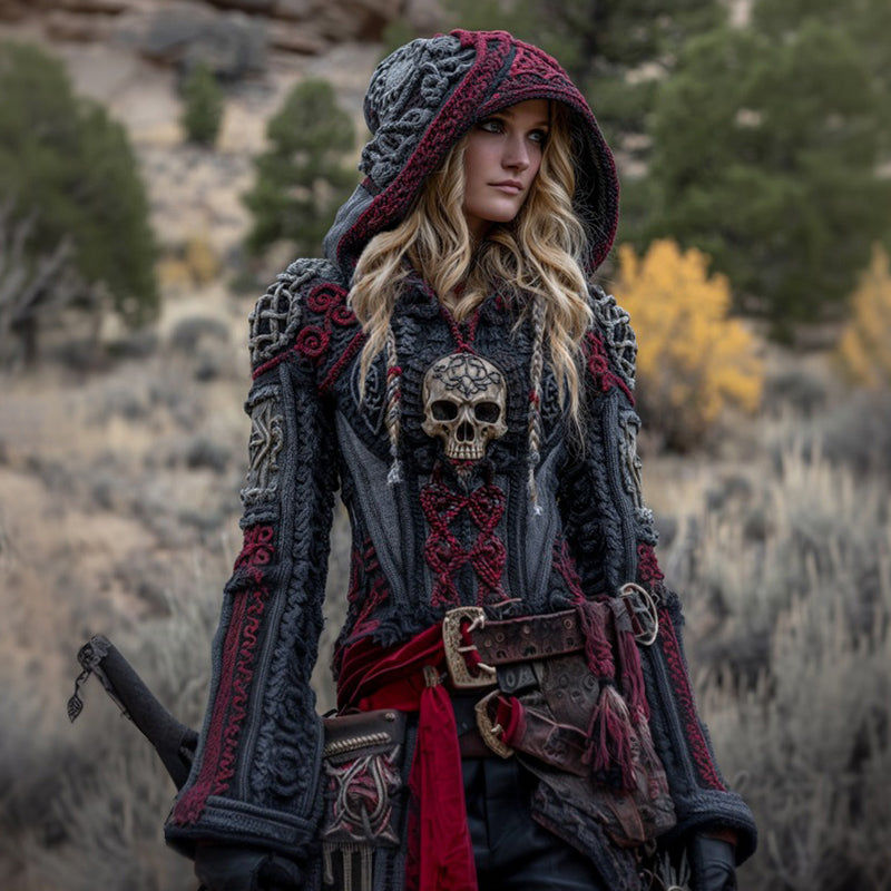 Women's Viking Celtic Skull Embroidery Chunky Knit Hooded Sweater elevenforest