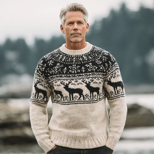 Comstylish Men's Vintage Warmth Jacquard Icelandic Art Cozy Knit Sweater